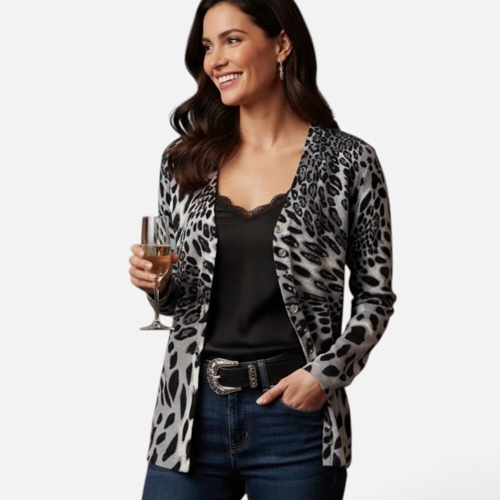 Pierri New York Black & Gray Beaded Cheetah Print Button Down Cardigan Sz M
